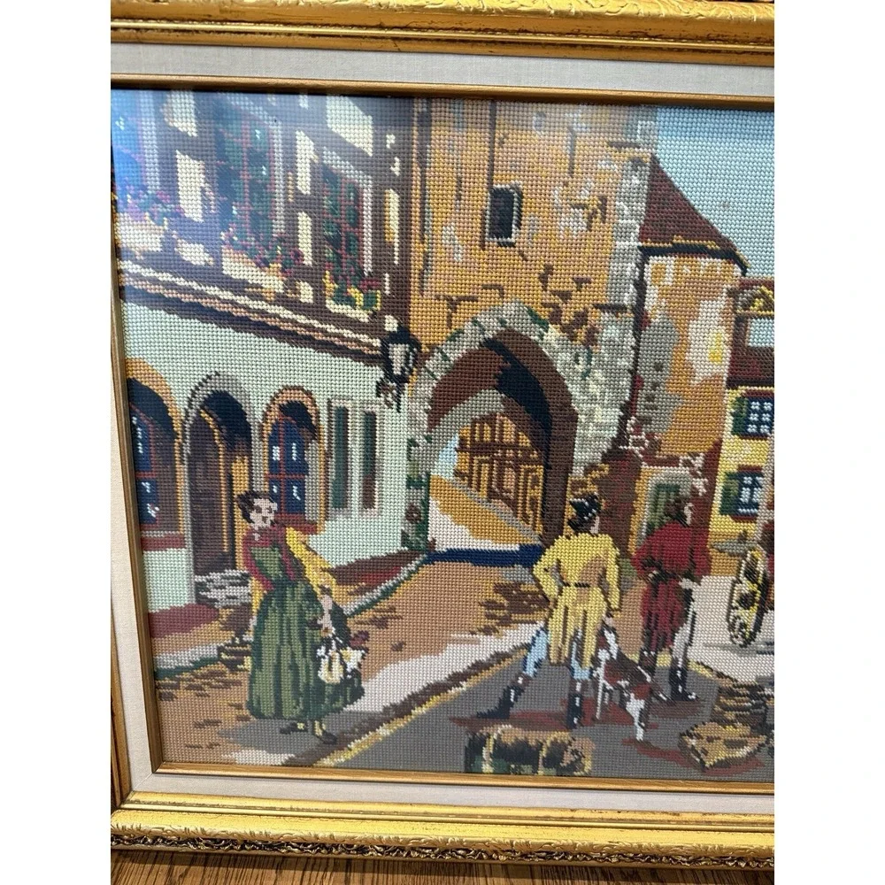 Vintage Huge Victorian Scenery Needlepoint Wall Art Tapestry Framed 26.5
